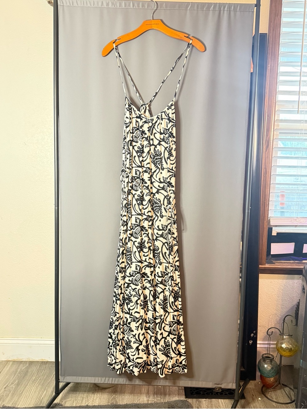 LOFT Black and White Floral Spaghetti-Strap Maxi Dress